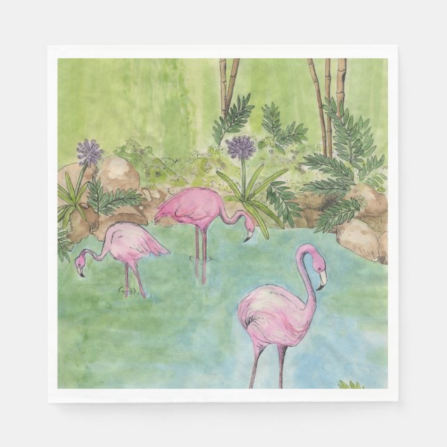 50 serviettes en papier - Flamants roses d'aquarel (Devant)