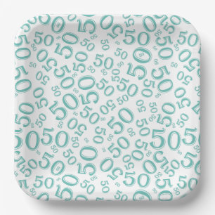 50. Teal/Weiße Platte mit zufälligem Zahlenmuster Pappteller