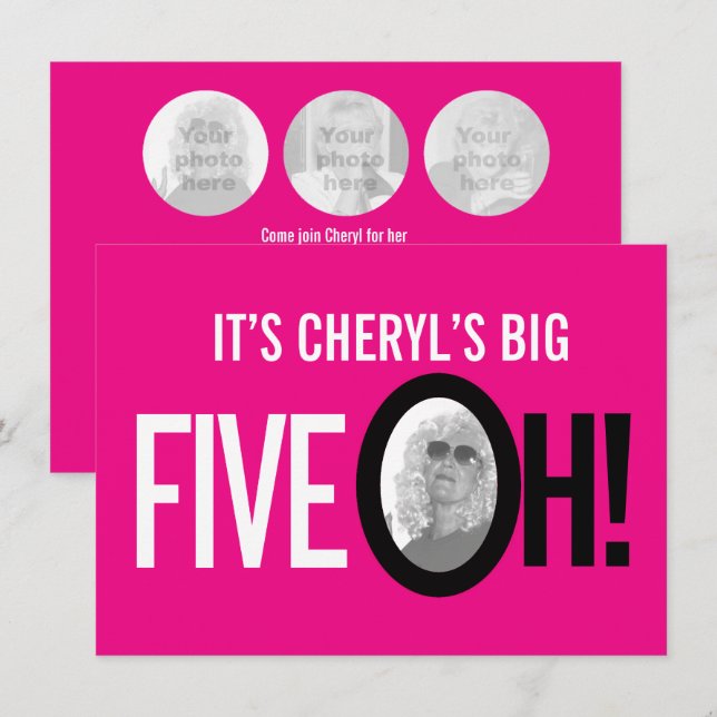 50 th birthday FIVE OH! Foto von pink retro landsc Einladung (Vorne/Hinten)