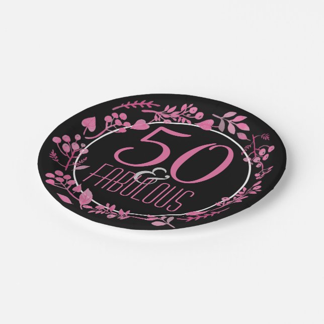 50 u. fabelhaftes 50. schwarzes rosa botanisches pappteller (Schrägansicht)