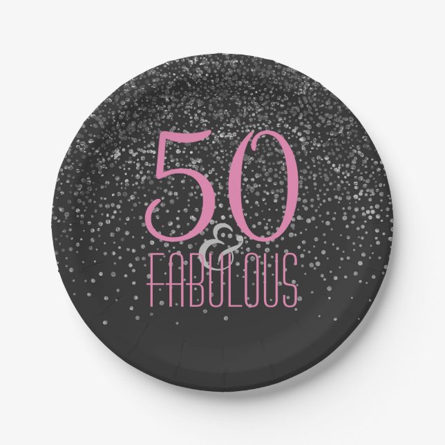 50 u. fabelhaftes silbernes Rosa-50. Geburtstag Pappteller (Vorderseite)