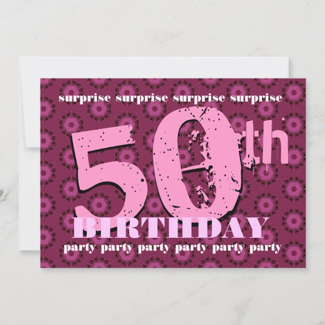 50. ÜBERRASCHUNG Geburtstag Rosa Retro Blume W1863 Einladung (Vorderseite)