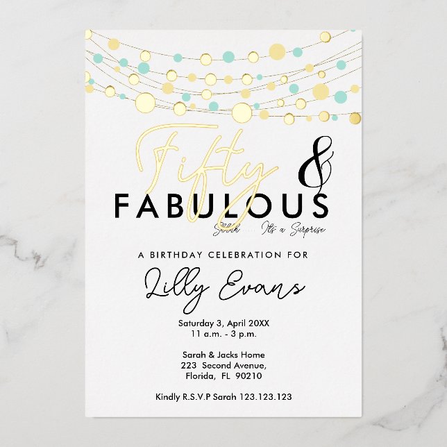 50. Überraschung Geburtstagsparty Einladung elegan (Vorderseite)