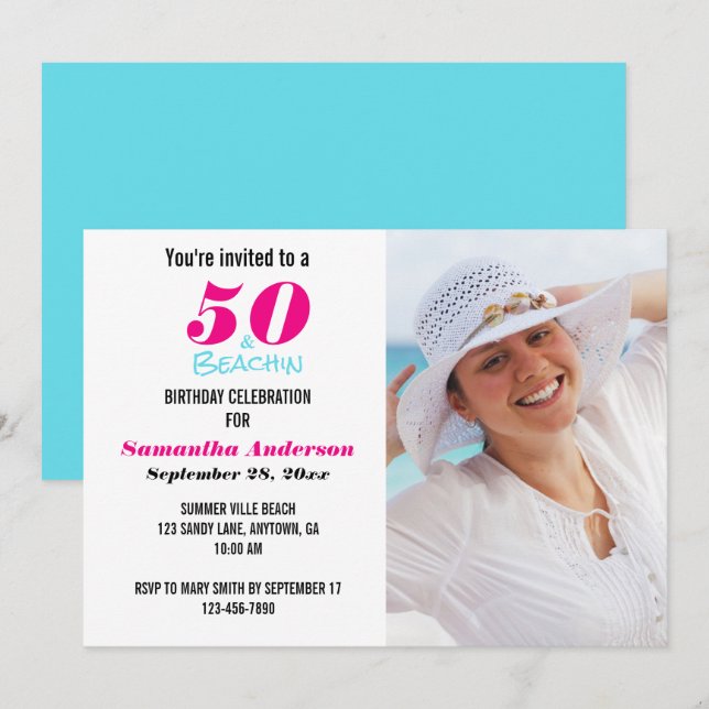 50 und Beachin Birthday Party Foto Einladung (Vorne/Hinten)
