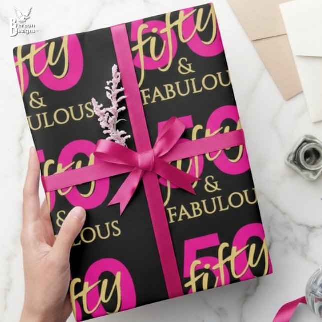 50 und Fabelhaft Fünfzigster Geburtstag Geschenkpapier (50 and Fabulous pink, black, gold giftwrap for fiftieth birthday party. Matching 50th supplies.)