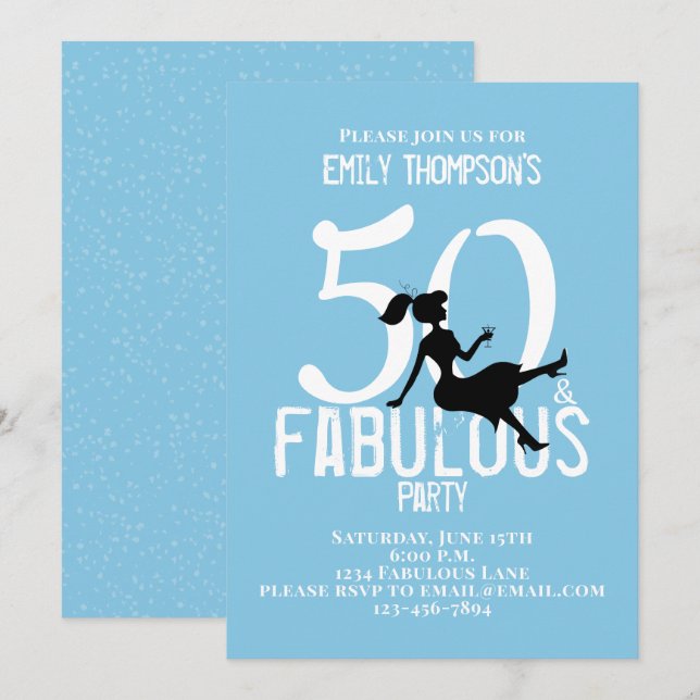 50 und fabelhaft Geburtstag Moderne Cocktails Blau Einladung (Vorne/Hinten)