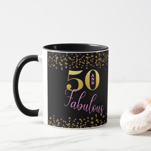 50 und fabelhaft Pink Black Gold Glitzer B'day Tasse (Mit Donut)