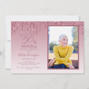 50 und Fabelhaft Rose Gold Rosa Glitter Foto Einladung