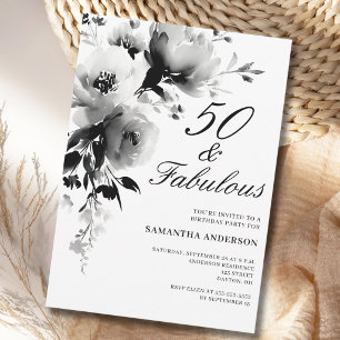 50 und Fabelhaft Schwarz Weiße Florale 50. Geburts Einladung