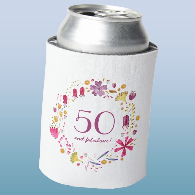 50 und fabelhafte Aquarellfarbe Blumengeburt Dosenkühler (Fifty 50 and fabulous floral wreath birthday can cooler)