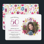 50 und fabelhafte Aquarellfarben Blumengeburt Part Einladung<br><div class="desc">50 und fabelhafte hübsche moderne botanische florale Aquarell rund um das Geburtstagsmädchen Foto. Die Rückseite weist ein Blumenmuster auf,  das mit dem anderen übereinstimmt. Ändern Sie das Foto,  die Details und sogar das Alter zu anpassen. Foto Credit: Fotografie © Storytree Studios,  Stanford,  CA</div>