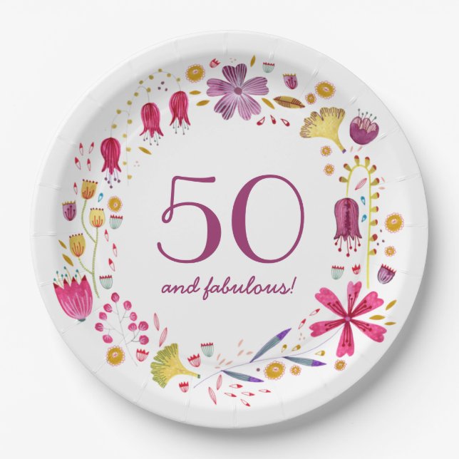 50 und fabelhafte Aquarellfarben Blumengeburt Part Pappteller (Vorderseite)