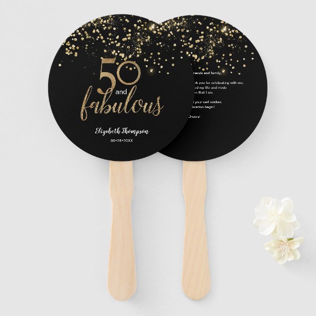 50 und fabelhafte Birthday Black Gold Konfetti Fächer (Vorne und Hinten)
