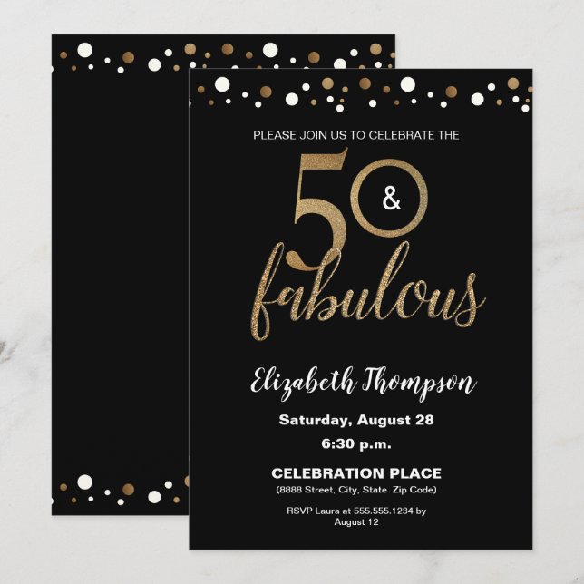 50 und fabelhafte Birthday Gold und Black Confetti Einladung (Vorne/Hinten)