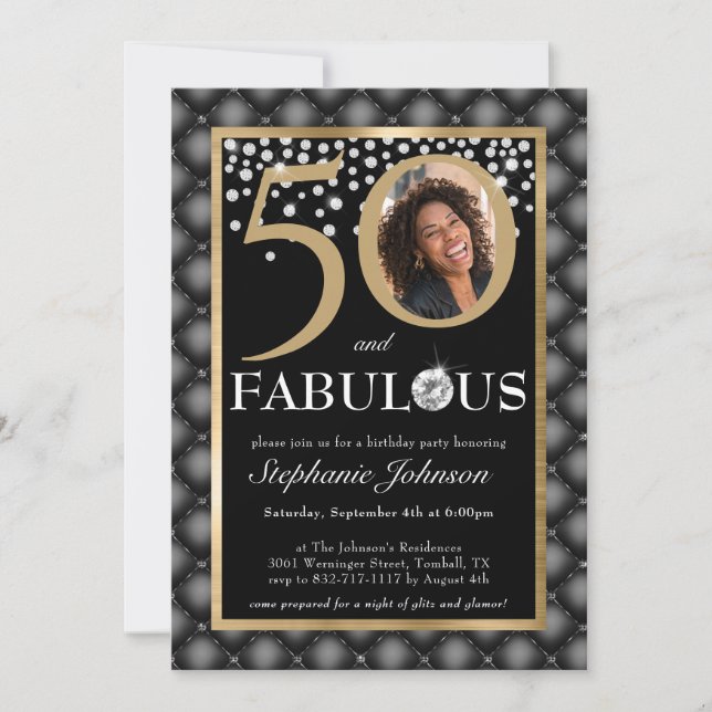 50 und fabelhafte Black Gold Diamonds Chic Foto Einladung (Vorderseite)