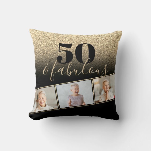 50 und fabelhafte Black & Gold Imitate Glitzer Fot Kissen (Vorderseite)