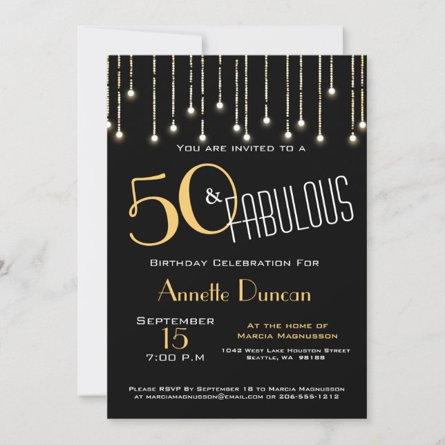 50 und fabelhafte Black Gold Lights Glam Einladung (Vorderseite)