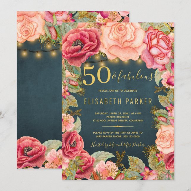 50 und fabelhafte blumengeschmückte elegante 50. G Einladung (Vorne/Hinten)