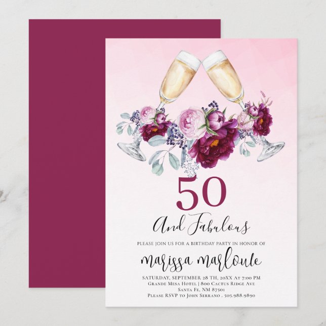 50 und fabelhafte Champagner-Brille floral Geburts Einladung (Vorne/Hinten)