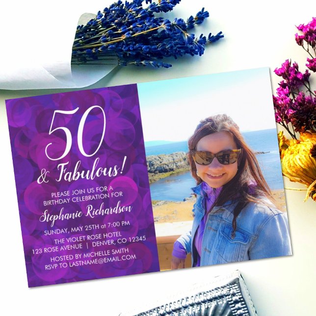 50 und fabelhafte Elegant Lila Foto Geburtstag Einladung (Von Creator hochgeladen)