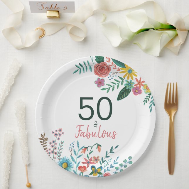 50 und fabelhafte elegante florale Wasserfarbe Pappteller (Hochzeit)