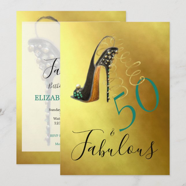 50 und fabelhafte Fiftieth Elegant Gold Stilvolle  Einladung (Vorne/Hinten)