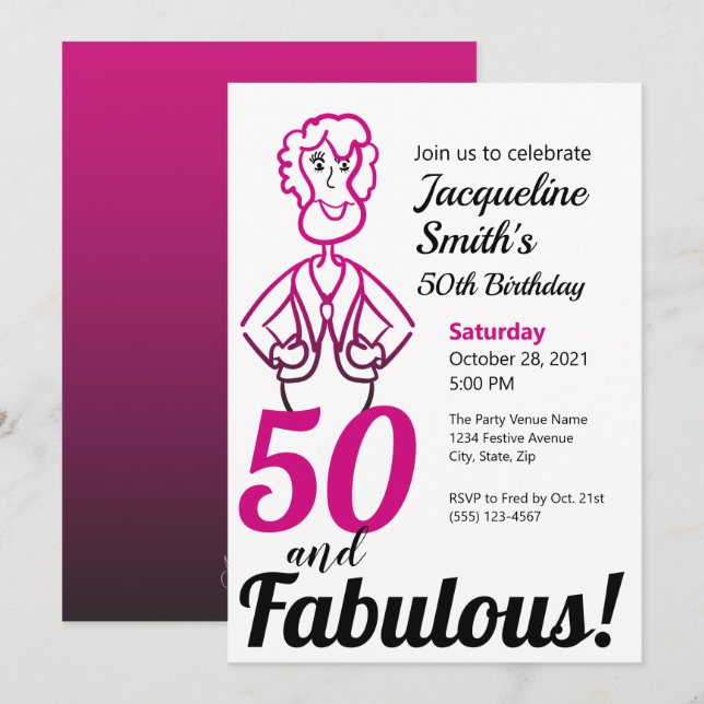 50 und fabelhafte Funny Pink und Black Lady Einladung (Vorne/Hinten)