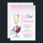 50 und fabelhafte Geburtstagsparty Einladung<br><div class="desc">Eine stilvolle,  moderne 50-köpfige Geburtstagsparty mit einem Blumensekt-Glas,  einem Sprinkle Glitzer und einer Kalligraphie mit rosa und schwarzer Typografie.</div>