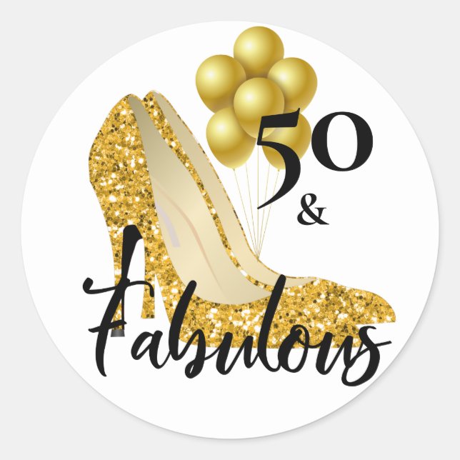 50 und fabelhafte Gold Glitzer Heelse Schuhe Runder Aufkleber (Vorderseite)