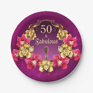 50 und fabelhafte Gold-Rosa-Orchideen und Champagn Pappteller
