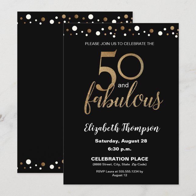 50 und fabelhafte Gold und Black Confetti Geburtst Einladung (Vorne/Hinten)