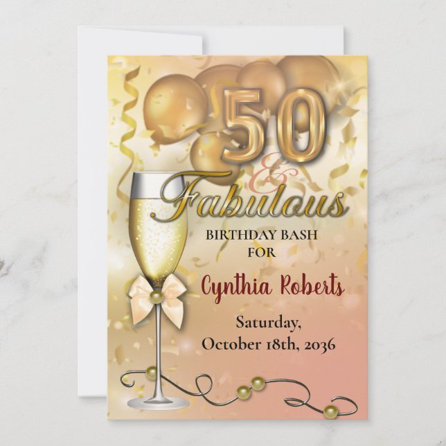 50 und fabelhafte Luxus Gold Ballons Einladung (Vorderseite)