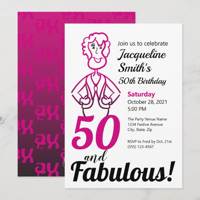 50 und fabelhafte Pink und Schwarze Funny Lady Einladung (Vorne/Hinten)