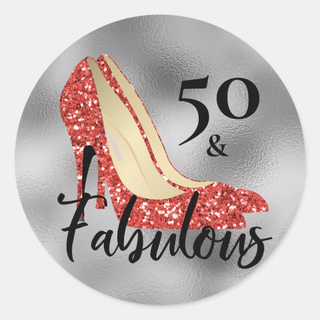 50 und fabelhafte Red Glitzer Heelse Shoes Runder Aufkleber (Vorderseite)