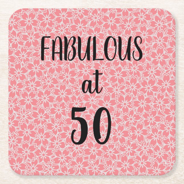 50 und fabelhafte rosa Blume Birthday Square Pape Rechteckiger Pappuntersetzer (Vorderseite)