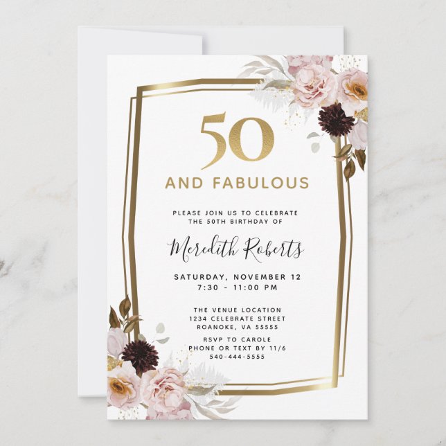 50 und fabelhafte rosa Rosen Gold Metallic Geburts Einladung (Vorderseite)