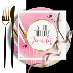 50 und fabelhafte rosa Schwarz Gold Moderne Geburt Serviette