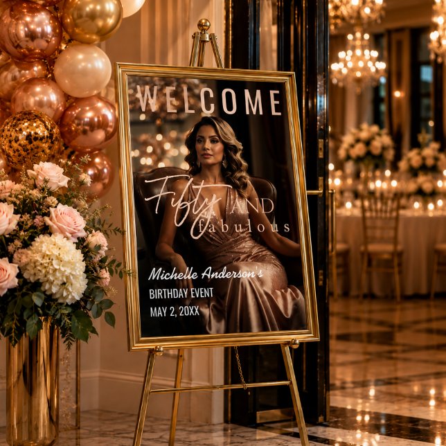 50 und fabelhafte Rose Gold Geburtstagspopster Poster (Rose gold welcome poster framed beautifully for a glamorous Fifty & Fabulous celebration.)