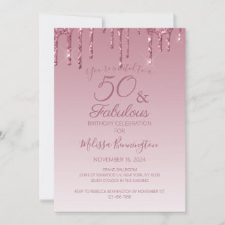 50 und fabelhafte Rose Gold Pink Dripping Glitzer Einladung