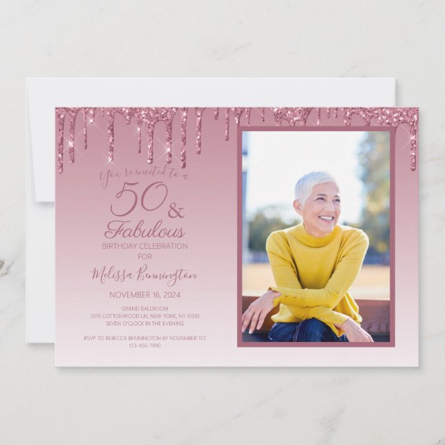 50 und fabelhafte Rose Gold Pink Glitzer Foto Einladung (Vorderseite)