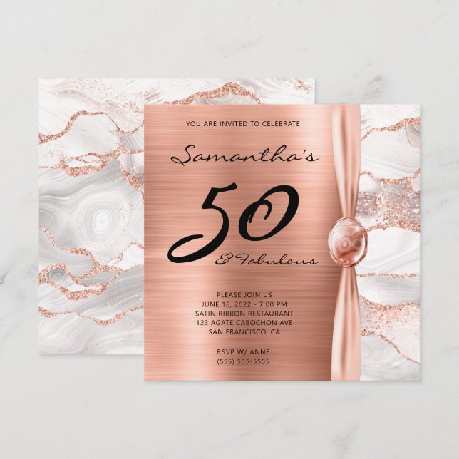 50 und fabelhafte Rose Gold und White Agate Geburt Einladung (Vorne/Hinten)