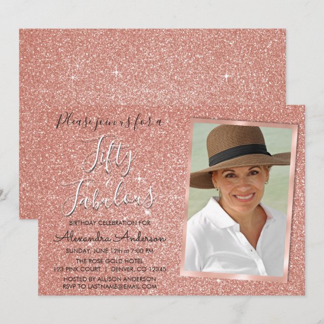 50 und fabelhafte Sparkle Rose Gold Blush Pink Fot Einladung (Vorne/Hinten)