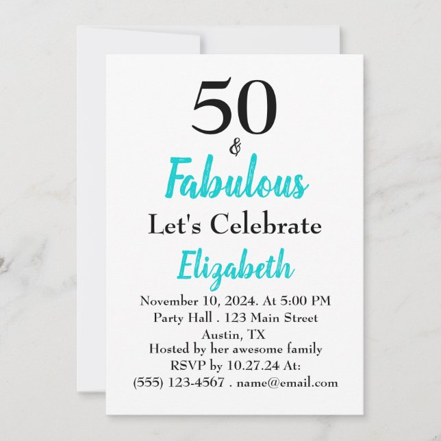 50 und fabelhafte Türkis Geburtstag Einladung (Vorderseite)