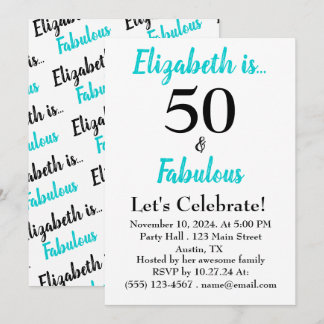 50 und fabelhafte türkisfarbene schwarze Skriptein Einladung