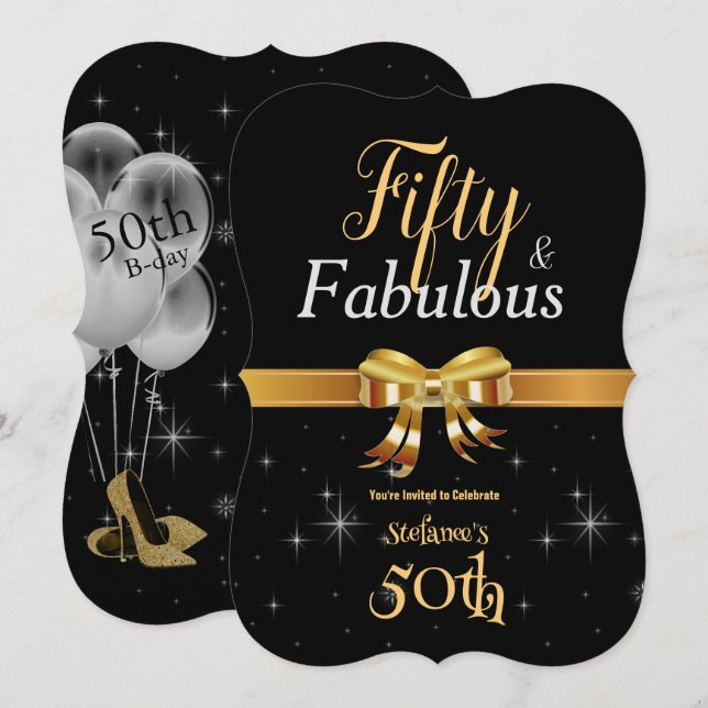 50 und fabelhaften Geburtstag Black & Gold Einladung (Vorne/Hinten)