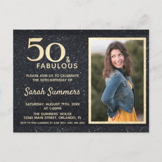50 und fabelhafter Black Gold Glitzer Geburtstag Einladungspostkarte