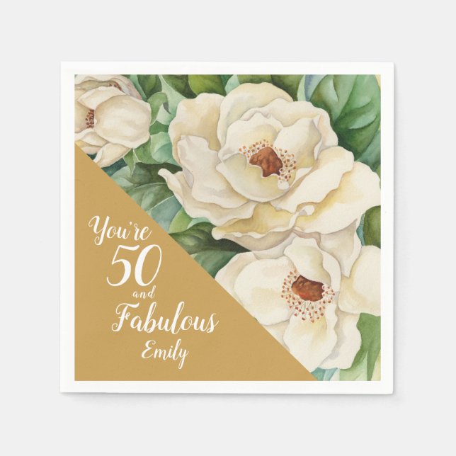 50 und fabelhafter Geburtstag Gold Magnolia Blumen Serviette (Vorderseite)