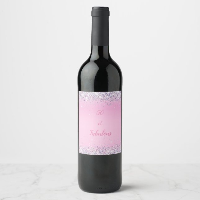 50 und fabelhafter rosa Silberner Glitzer Weinetikett (Vorderseite)