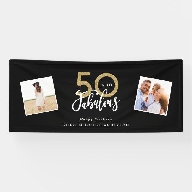 50 und fabelhafter schwarzer und goldener Geburtst Banner (Horizontal)