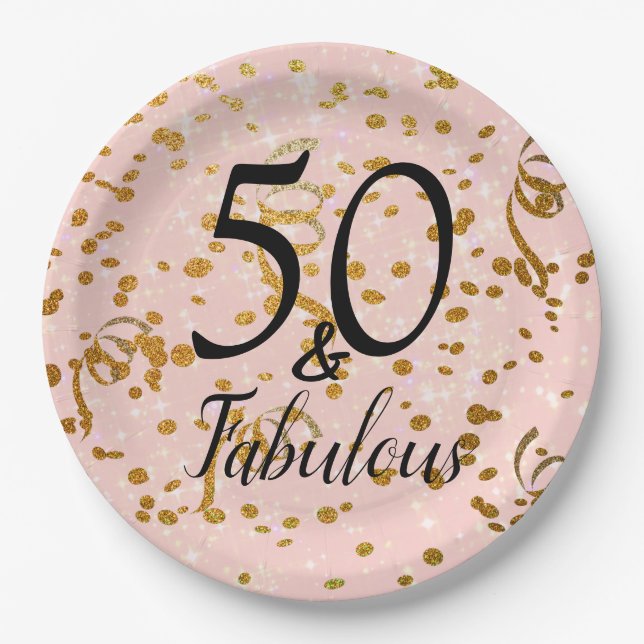 50 und fabelhaftes Birthday Pink Gold Confetti Par Pappteller (Vorderseite)